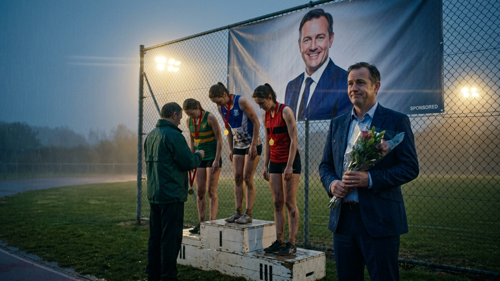 A businessman whose face fills a sponsored banner stands alone with flowers while other runners get medals: paying for the ad doesn't win the citation.
