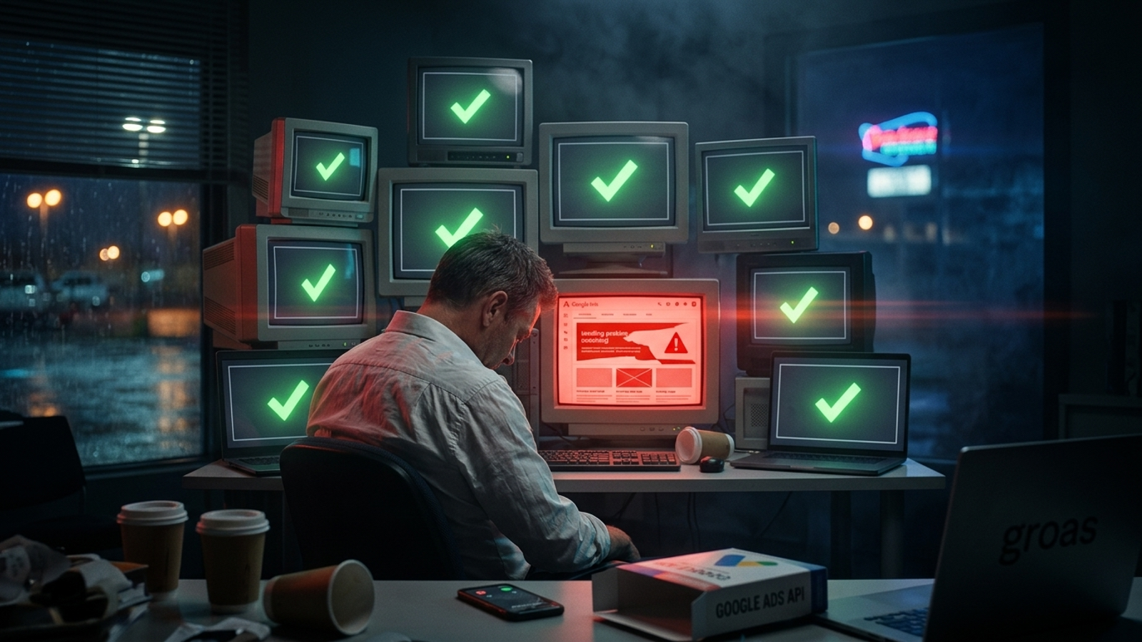 Agency owner at night facing ten client dashboards, one glowing red