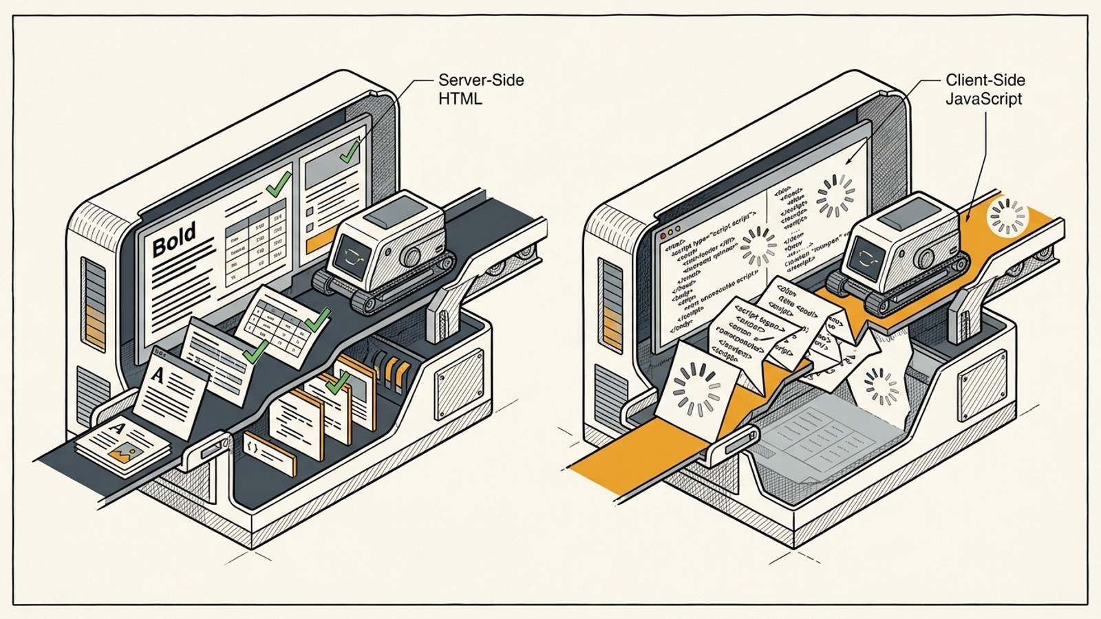 Cutaway diagram contrasting an AI crawler reading server-side HTML with one encountering client-side JavaScript.