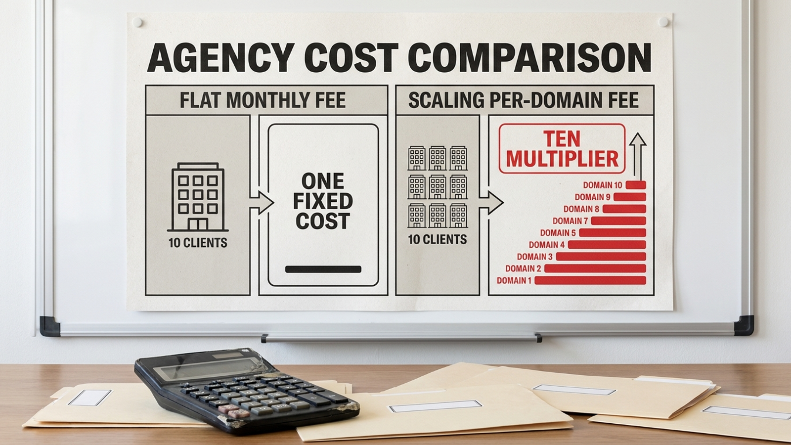 Comparison of per-domain and per-prompt costs across ten client accounts