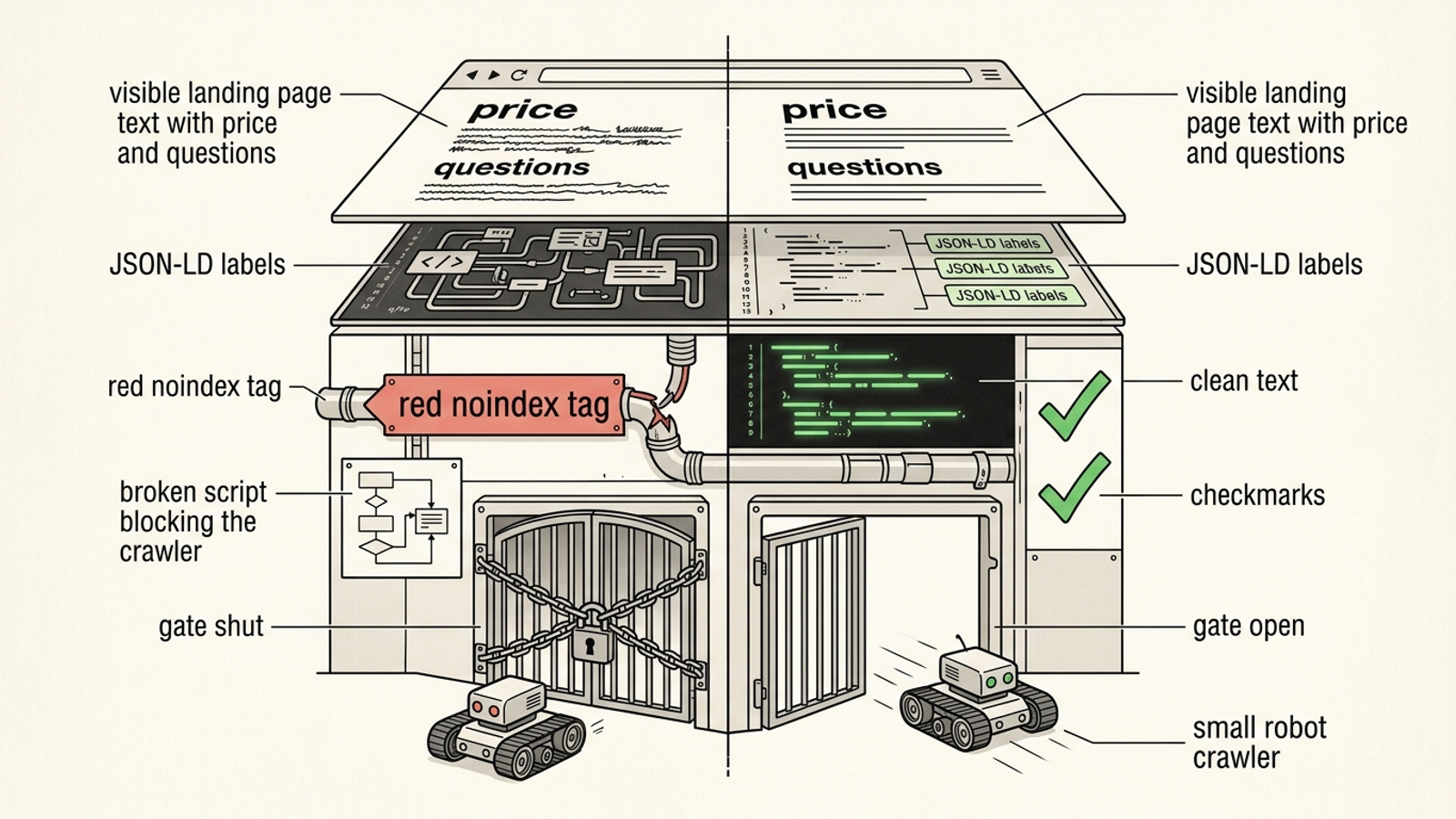 Cutaway of a page with blocked content beside one with readable text and markup