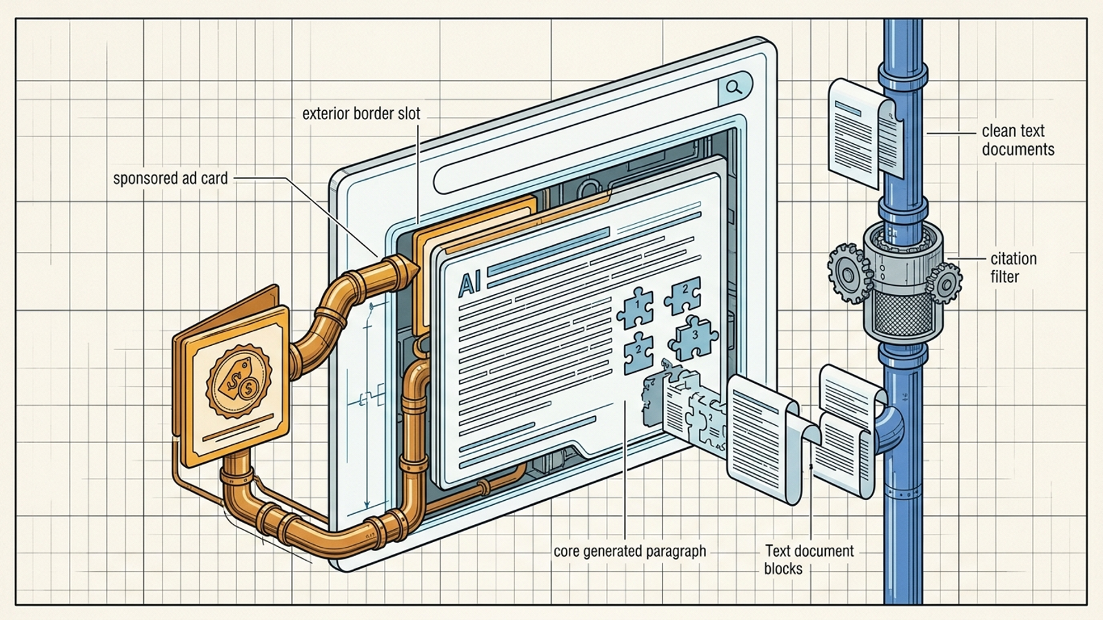 Cutaway diagram comparing paid ad placement with organic citation retrieval in an AI answer.