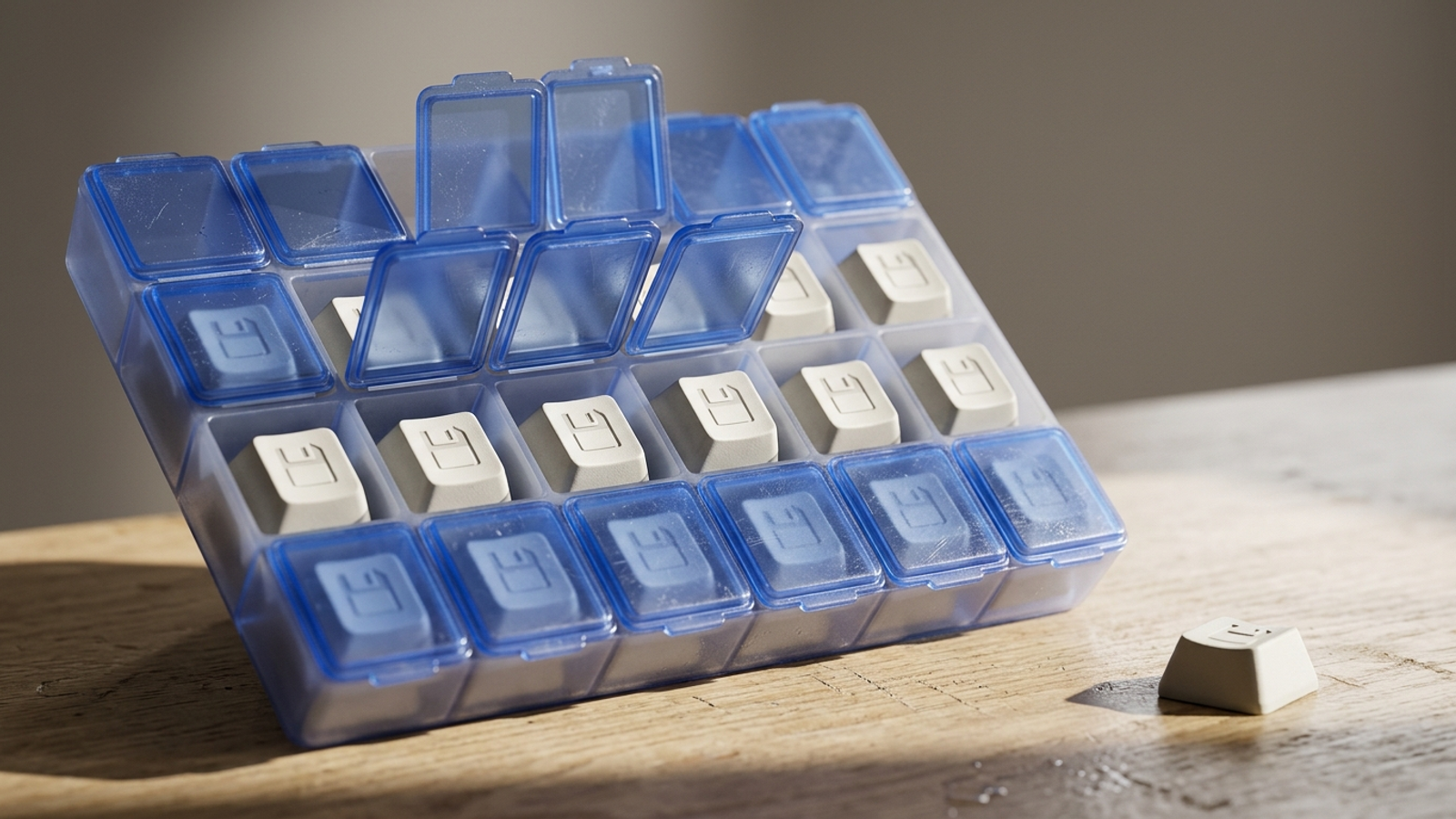 A 28-day pill organizer filled with tiny save keys instead of pills, five per week, most unopened, suggesting edits rationed like medicine.