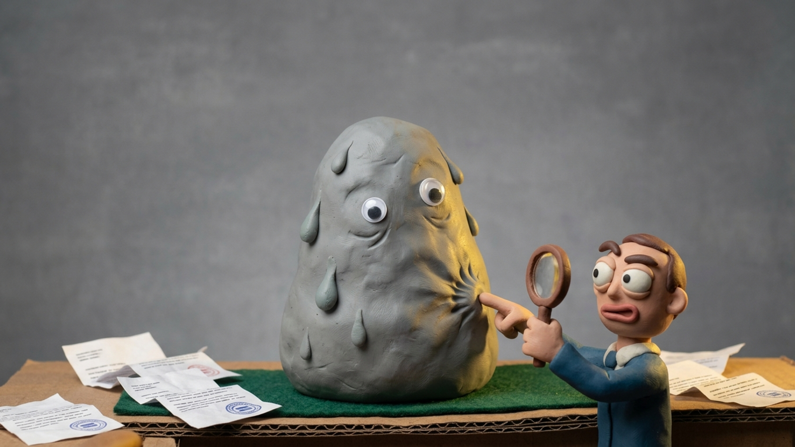 Claymation buyer questioning a robot about a brand's reputation