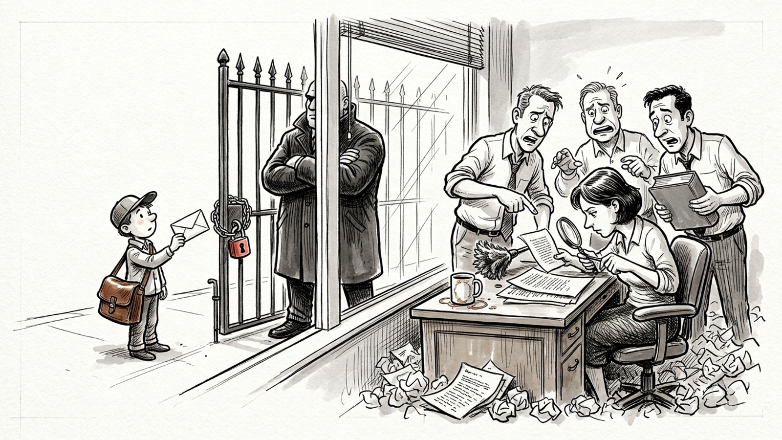 Cartoon: a team obsessively polishes a manuscript indoors, unaware a courier outside is blocked by a padlocked gate and a bouncer.