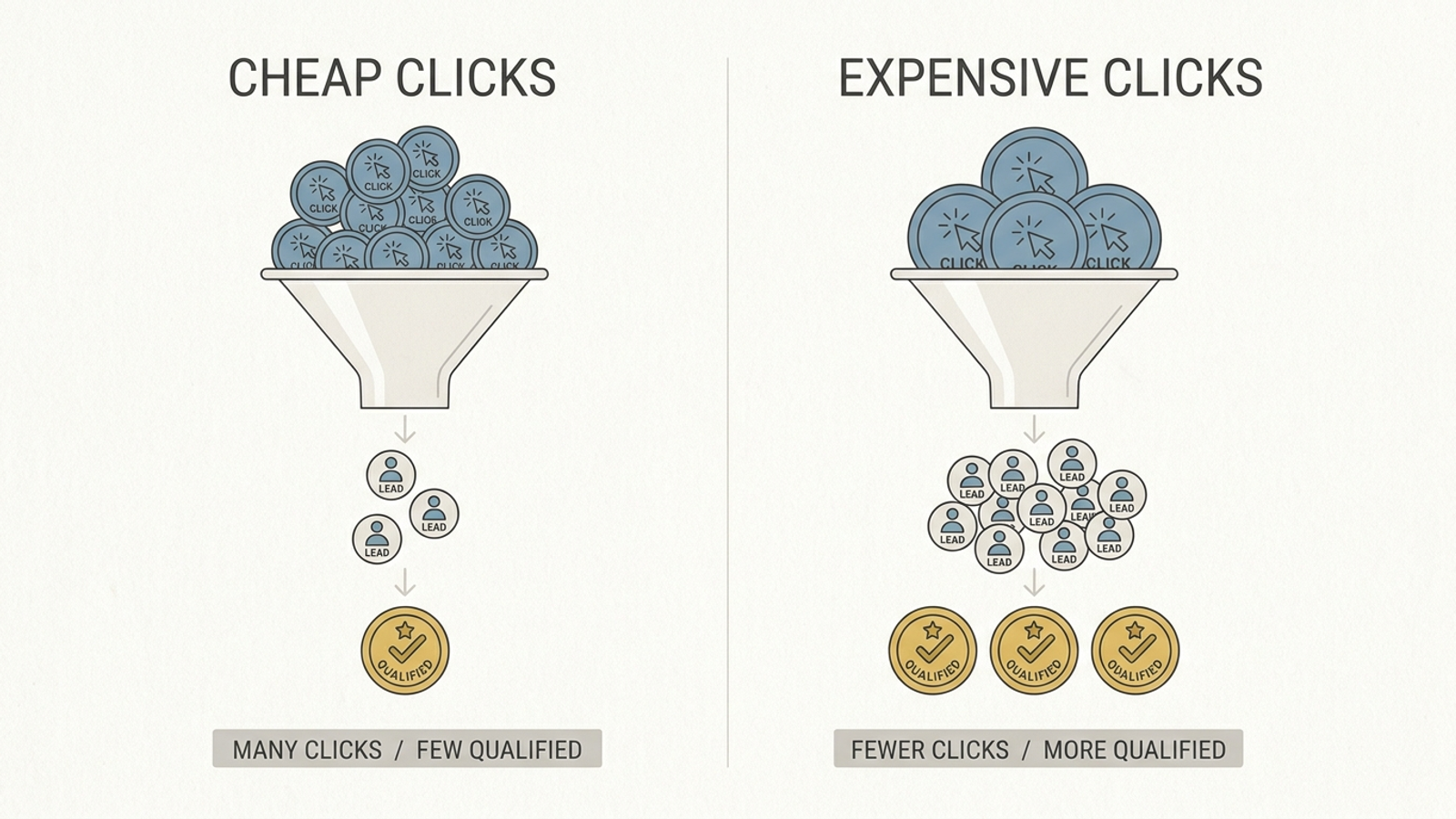 Infographic showing how lower CPC can still raise cost per qualified lead