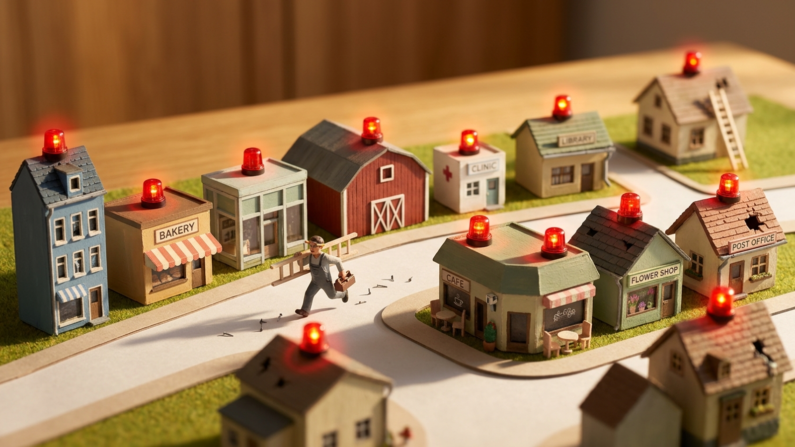 Tiny model town of ten houses, each with a flashing red alarm, while one small handyman runs between them with a ladder: alerts are cheap, fixing is costly.