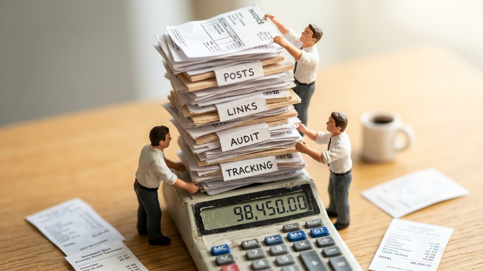 Tiny accountant figures stacking invoices into a tottering tower on a desk calculator