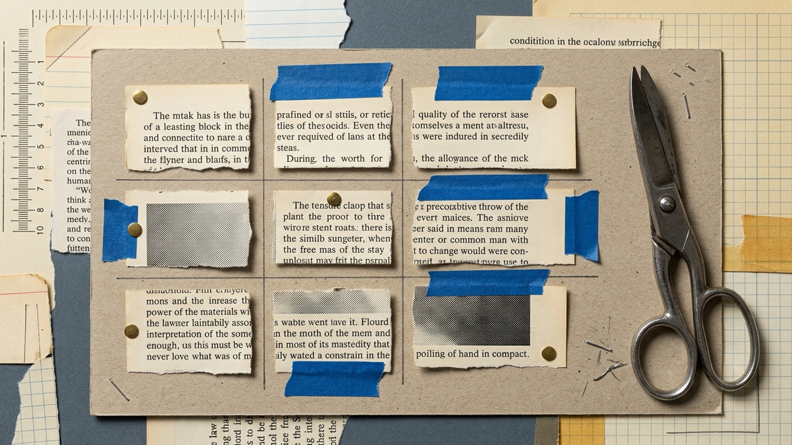 Printed text blocks cut out and pinned to a board.