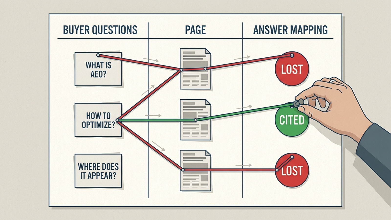 Infographic mapping a buyer question to a target page, citation and needed fix