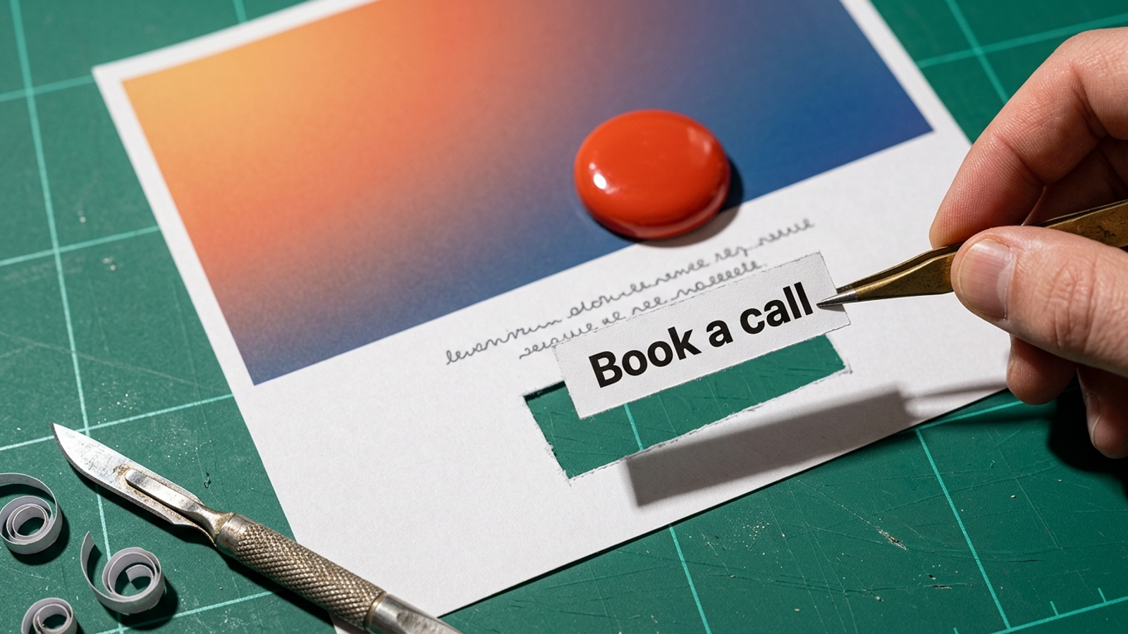 Tweezers lift a clipping cut from a glossy landing page, but it says only "Book a call" — nothing worth quoting.