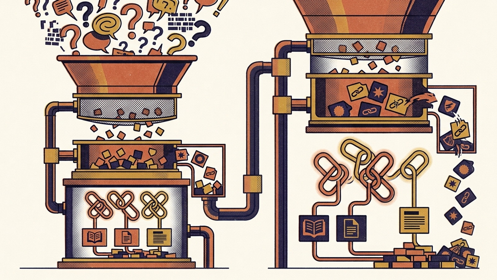 An editorial illustration of a query passing through a sieve that separates answer noise from durable brand citations.
