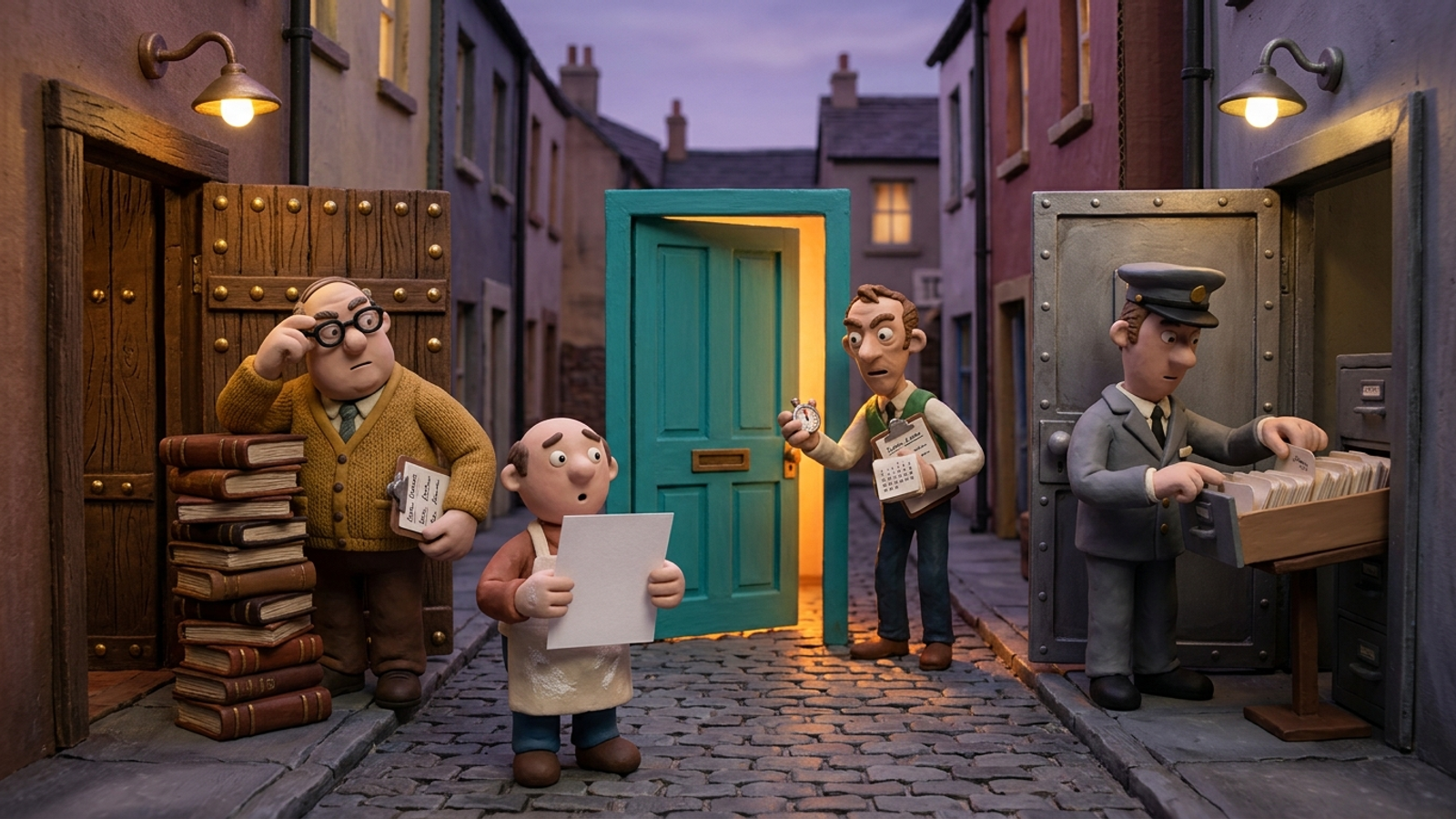 Clay shopkeeper holding one page before three doormen, each guarding a door with a different guest list; only the teal middle door stands ajar.