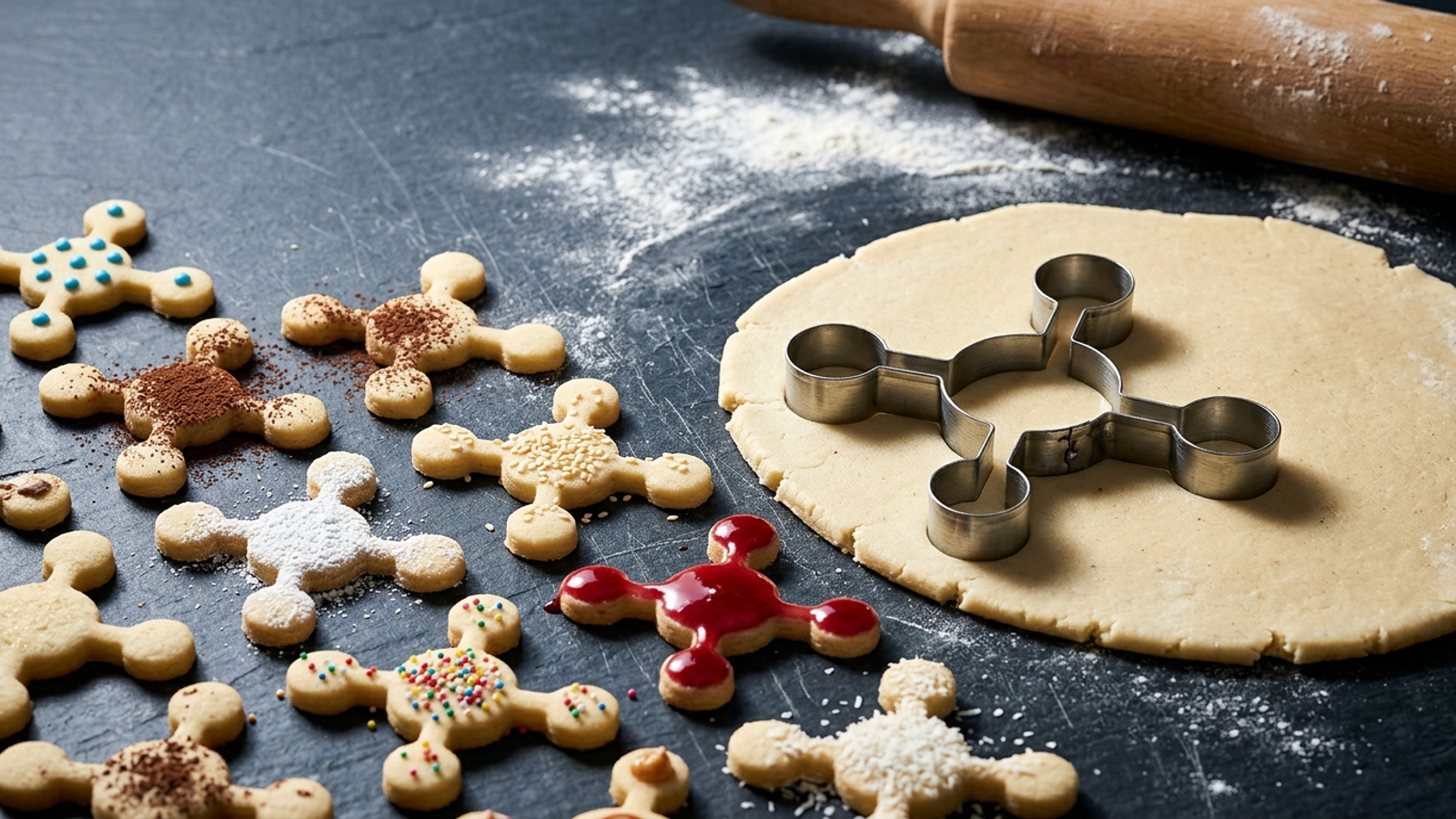 A homemade steel cookie cutter shaped like a node network cuts dough beside fifteen identical cookies, each decorated differently: one template, many clients.