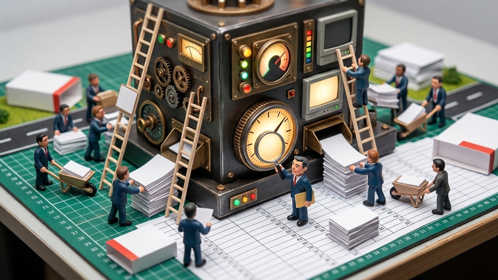 Account managers push paper bid sheets beside an automated auction machine