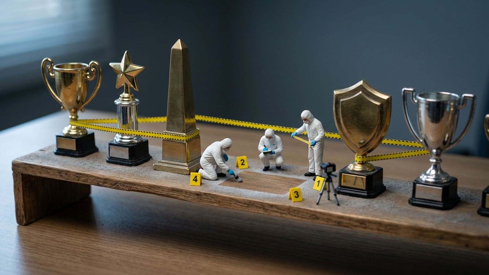 Tiny forensic investigators examine an empty spot in a row of trophies, marking four numbered clues to find out why one winner went missing.
