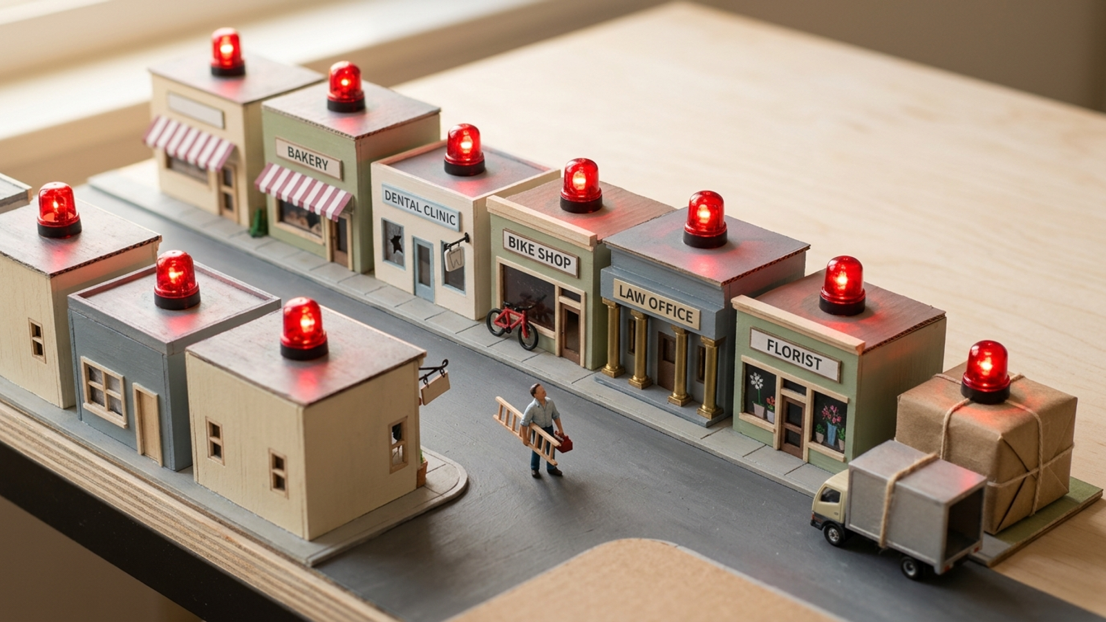 Model town of eleven damaged houses, each with a flashing red alarm, while one tiny worker with a ladder stares and a truck delivers house twelve.