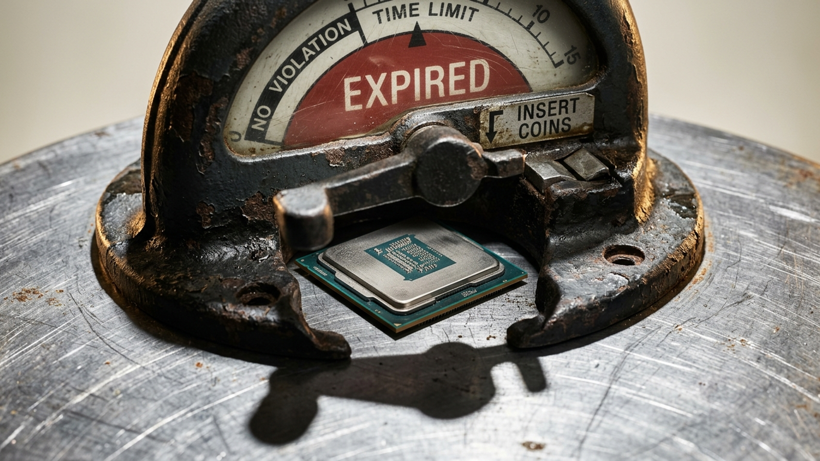 A small processor fitted inside a rusted parking meter, representing a charge for inexpensive automated checks.