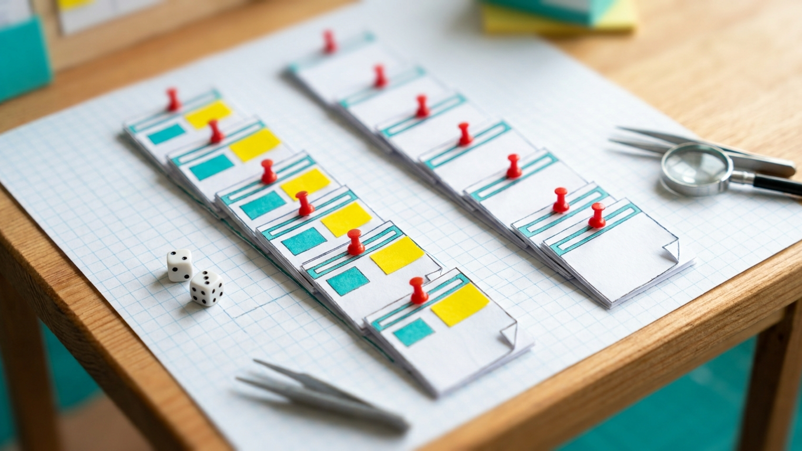 Small tabletop lab with treated and untouched control pages in separate groups, with dice beside them
