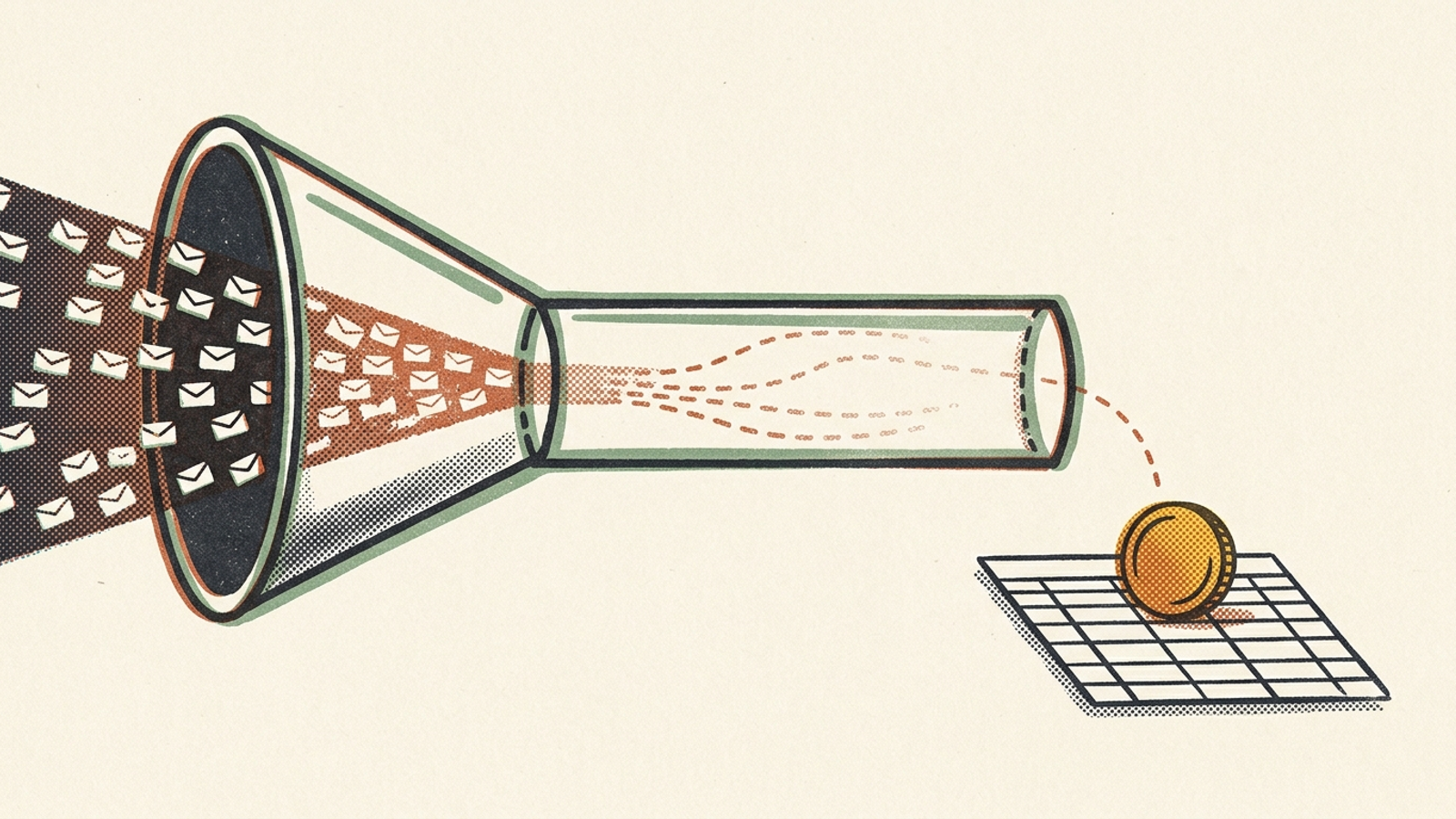 Illustration of a long sales funnel where attribution weakens between the first lead and closed revenue.