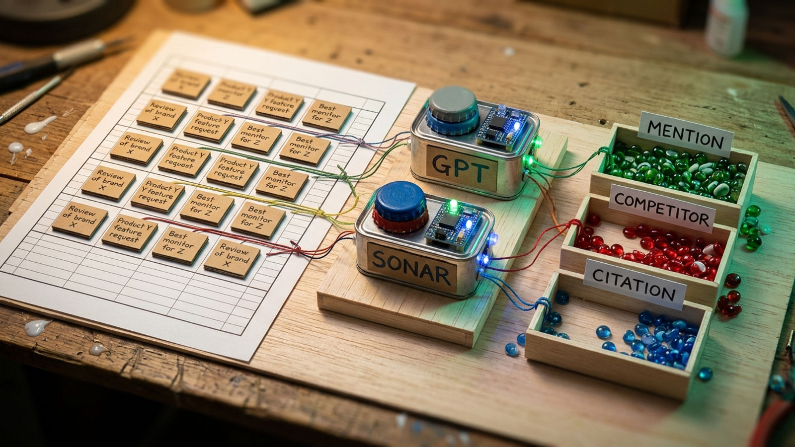 Paper spreadsheet with prompt cards feeding two API machines and filling mention trays