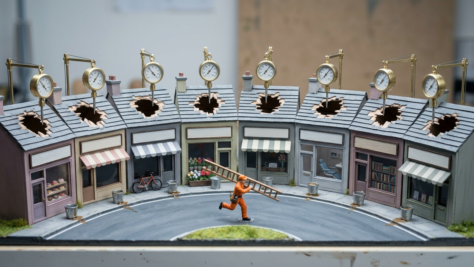 Tiny model street of ten shops with holed roofs, each watched by a brass gauge, while one worker runs with a ladder to fix them all.