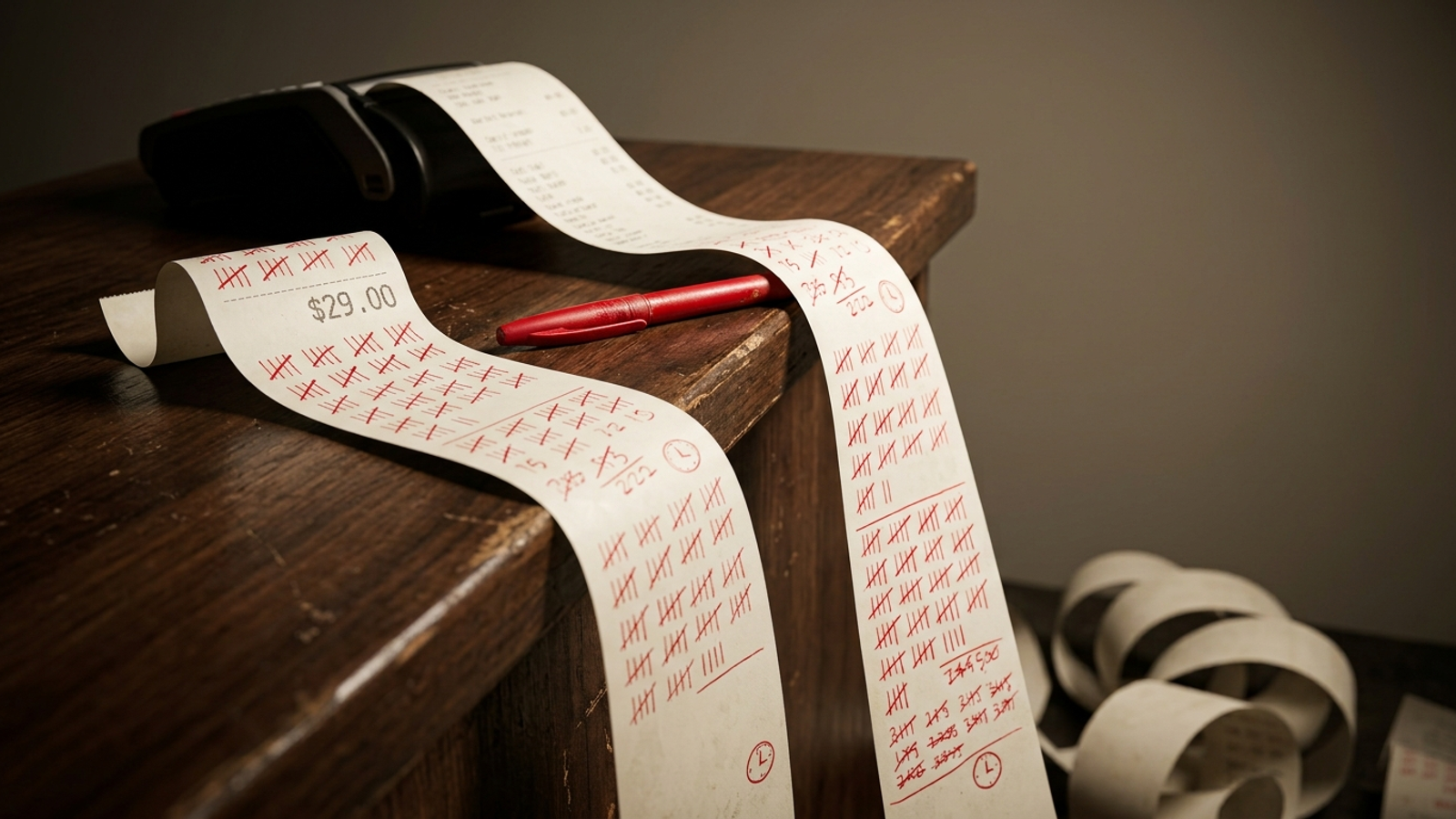 A small receipt reading $29.00 unspools into a long ribbon of timesheet hour tallies spilling off the counter: the hidden labour behind a cheap tool.