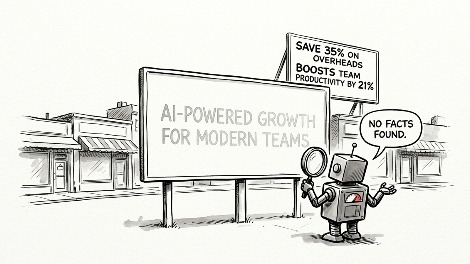 Ink cartoon of a robot rejecting a vague landing-page headline
