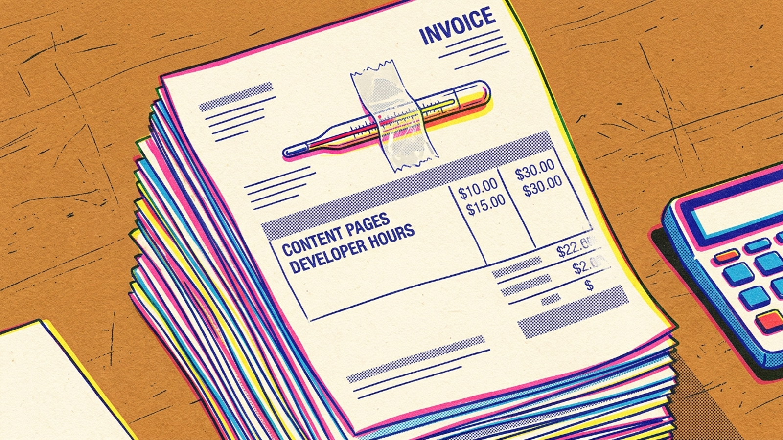 A thermometer beside an unpaid invoice for content and developer work