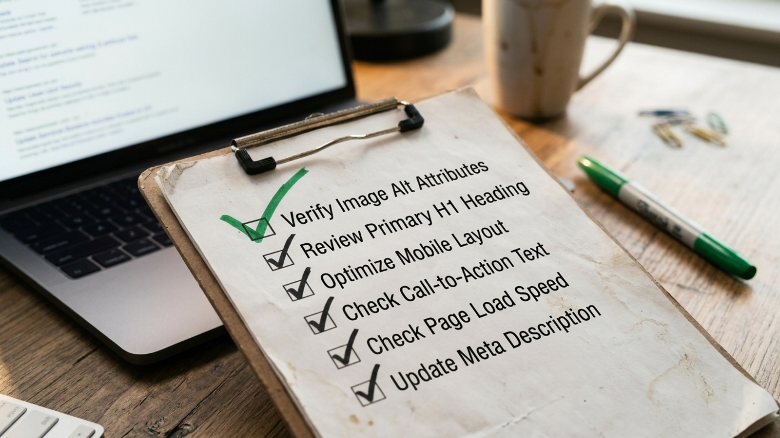 Checklist for checking page access, answer visibility, conversions and AI Overview citations