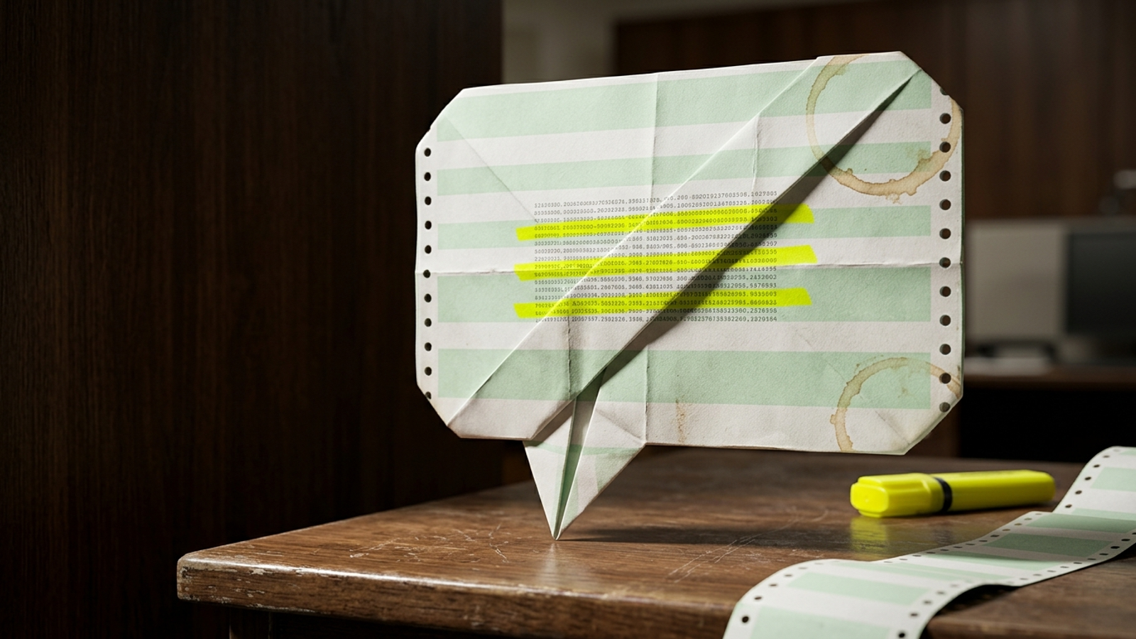 A chat speech bubble folded from an old highlighted paid-search printout, suggesting AI search questions are old PPC questions reshaped.