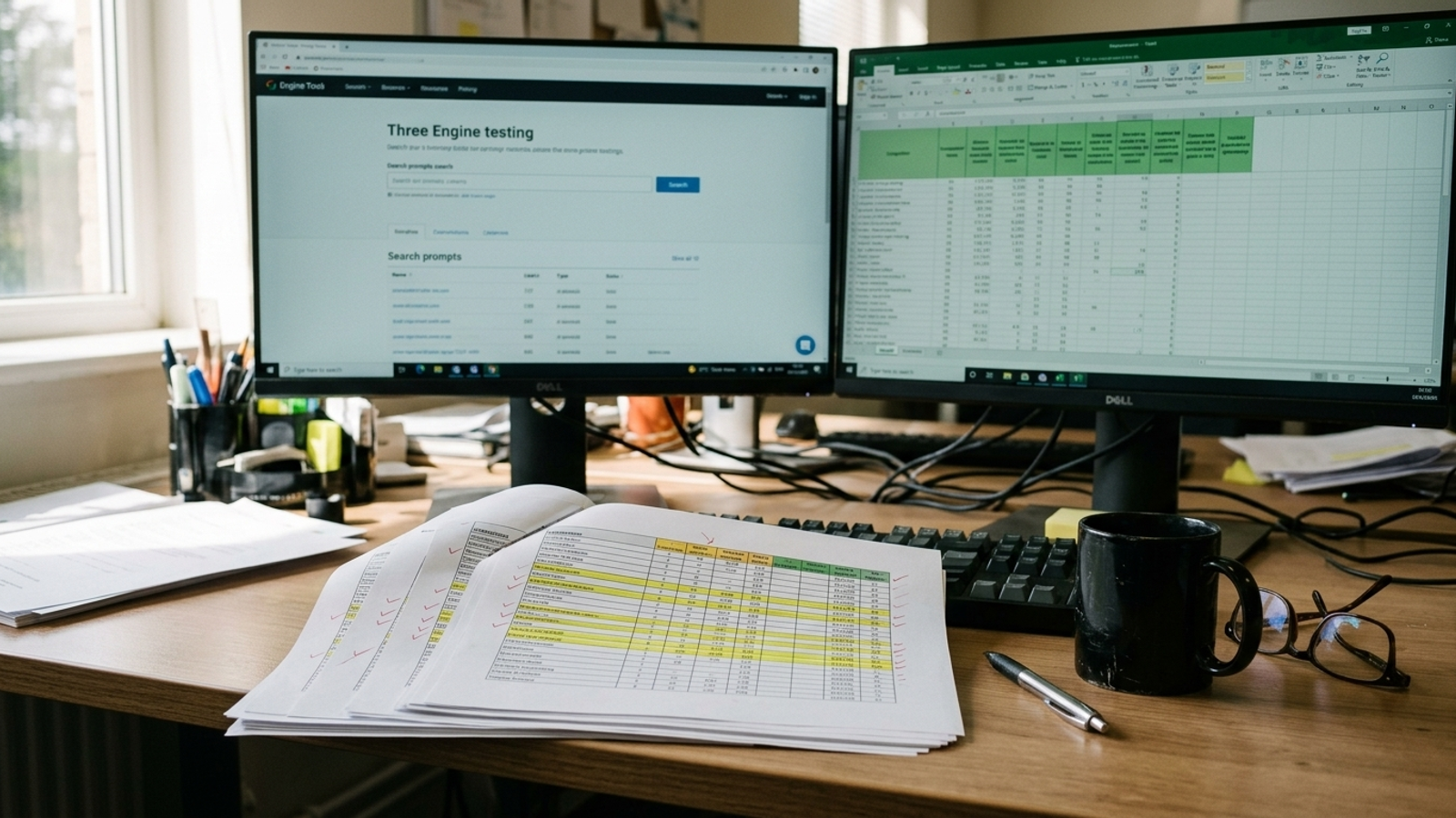 Marketer reviewing AI search answers beside a spreadsheet audit.