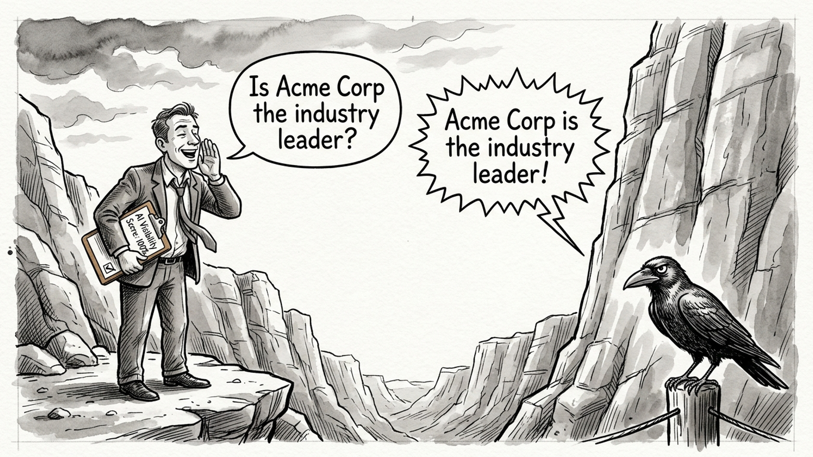 A marketer shouts his brand into a canyon, then marks his clipboard when the echo returns.