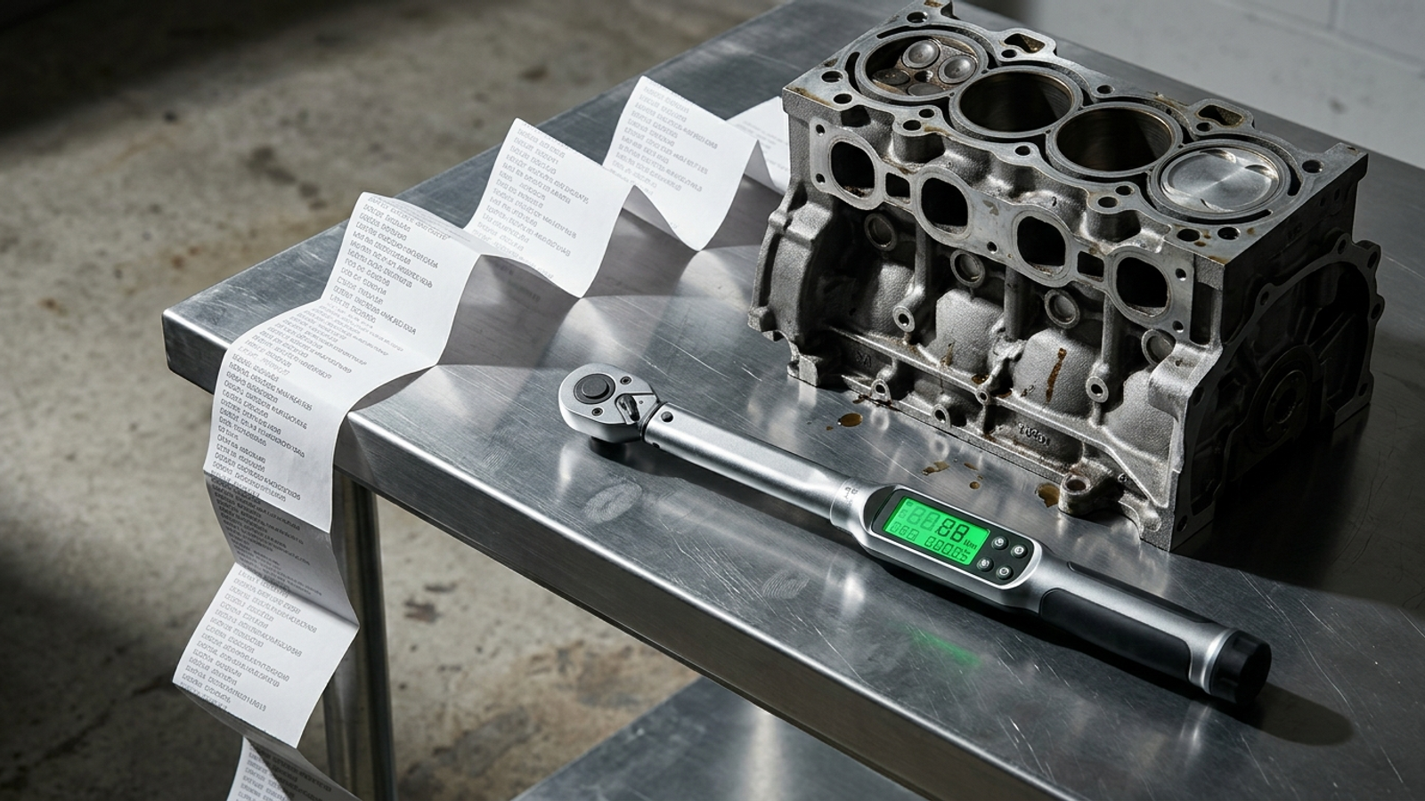 An open car engine on a shop bench, with a torque wrench beside a diagnostic printout.
