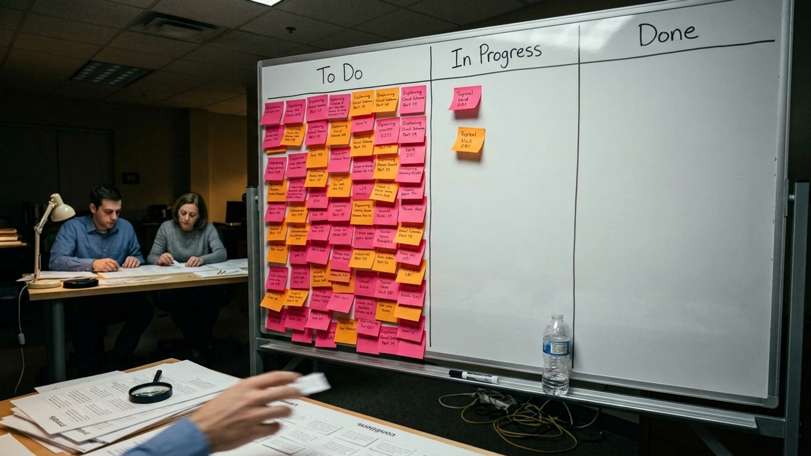A Kanban board crowded with unassigned content tasks and no cards in Done.