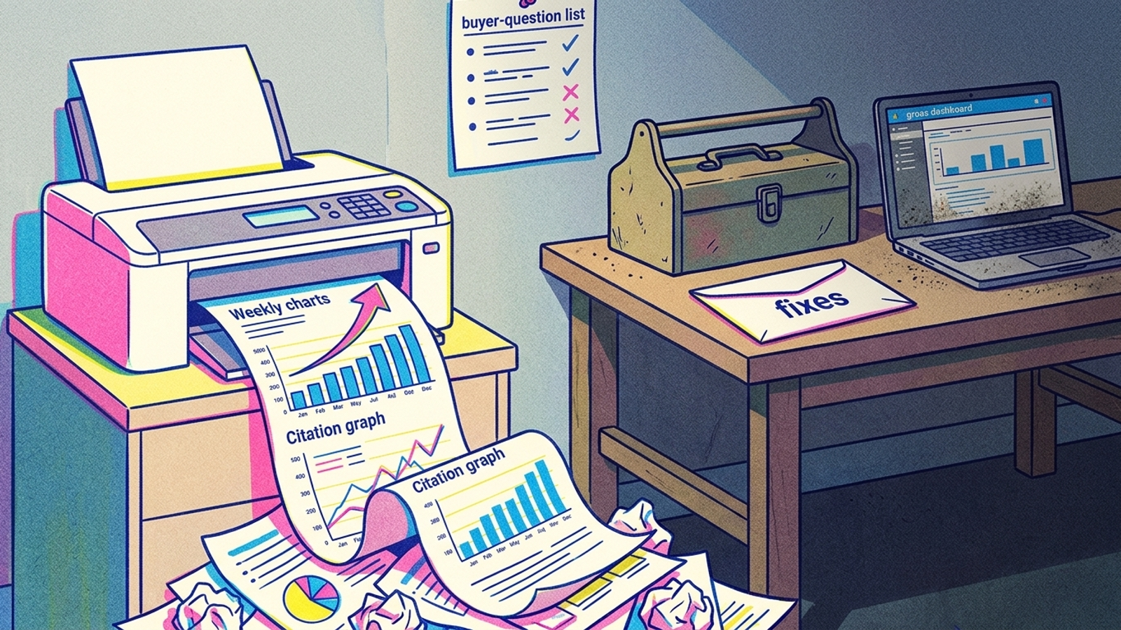 AI visibility charts print beside an empty workbench awaiting the fixes they flag