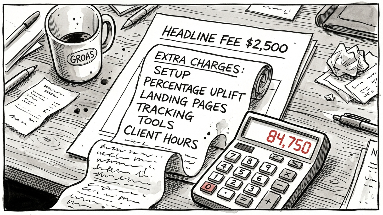 Ink cartoon of an agency invoice growing extra line items below the headline fee