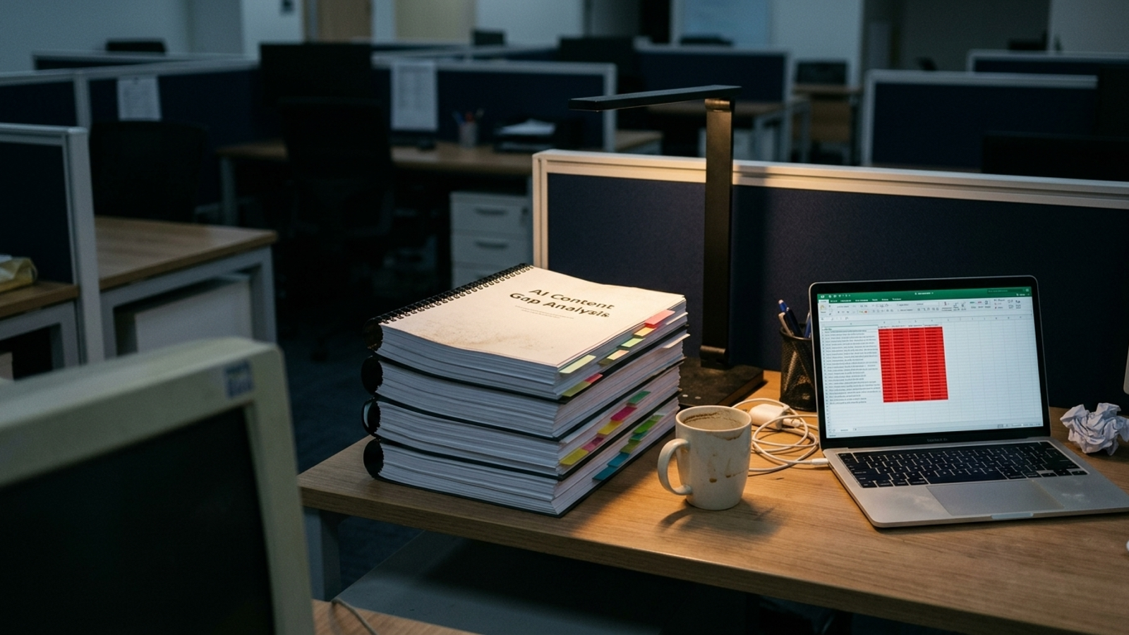 A stack of untouched spiral-bound audit reports under a desk lamp beside an empty coffee cup.