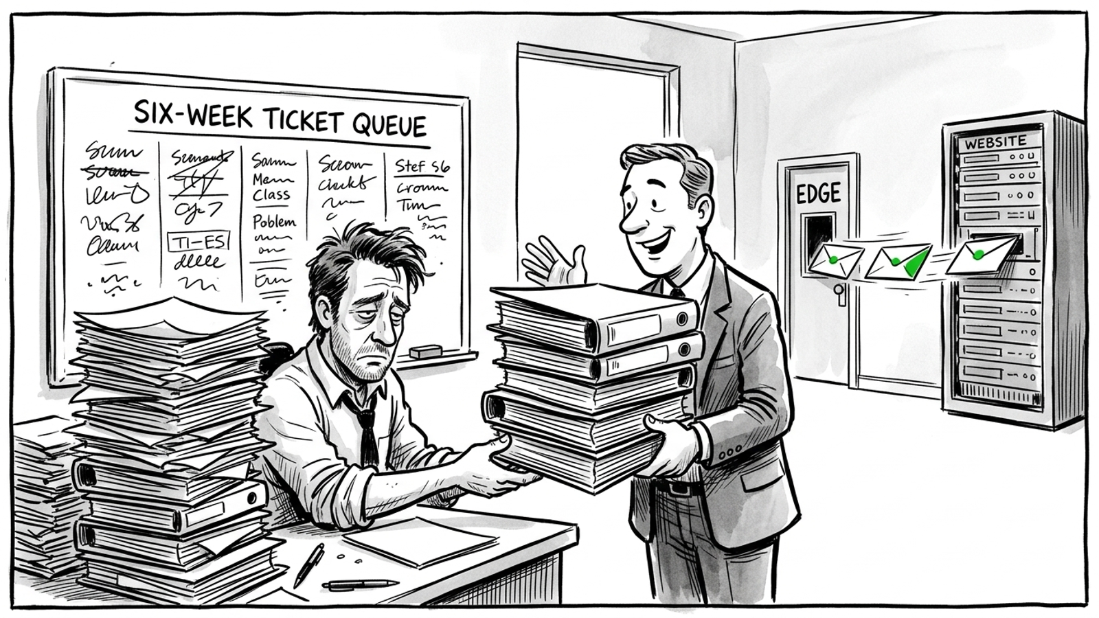 Agency owner holding an audit binder while fixes move through a separate publishing route