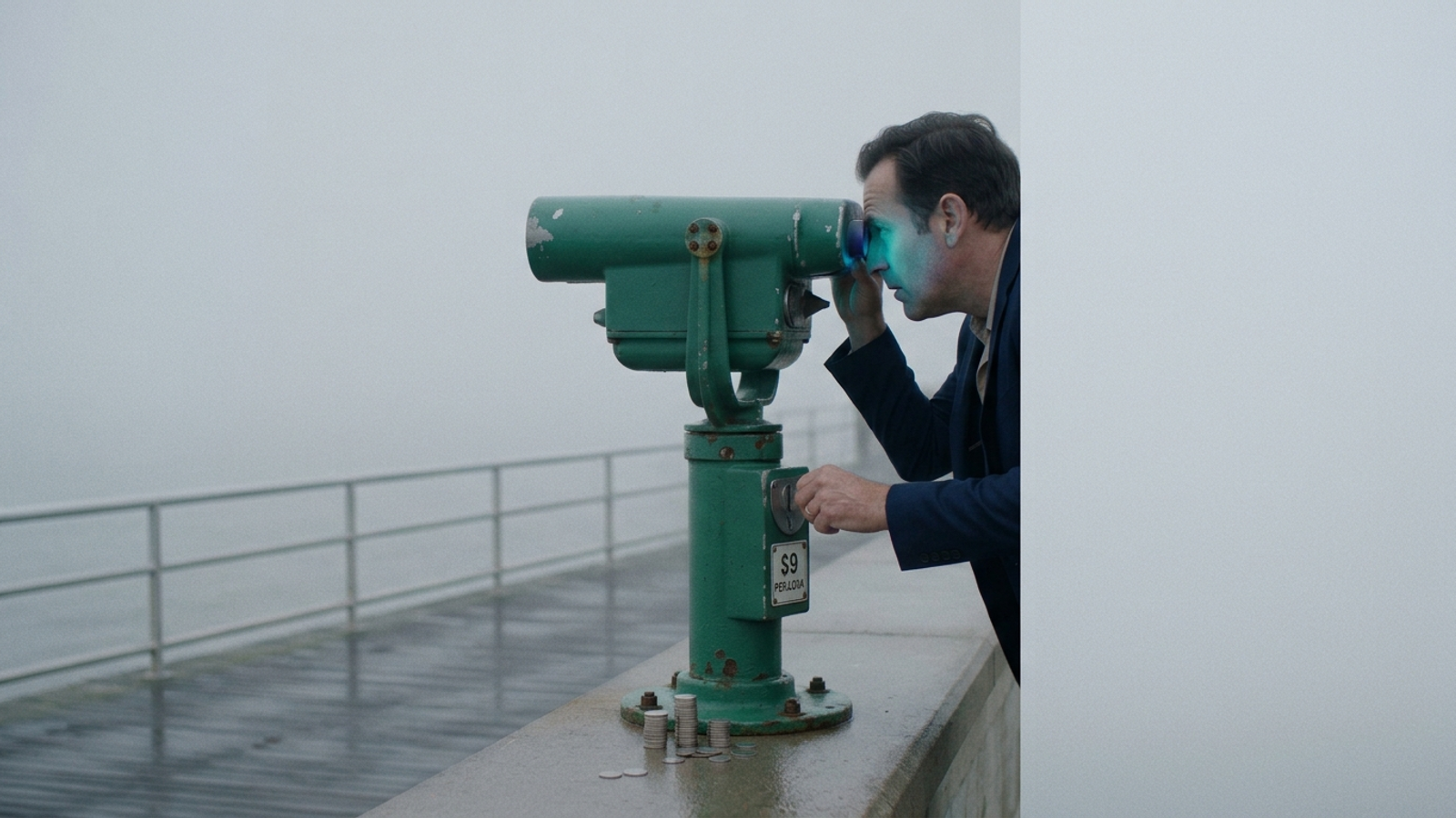 A man in a blazer keeps feeding coins into a "$9 per look" seaside binocular viewer aimed at empty fog: paying to watch, nothing done.