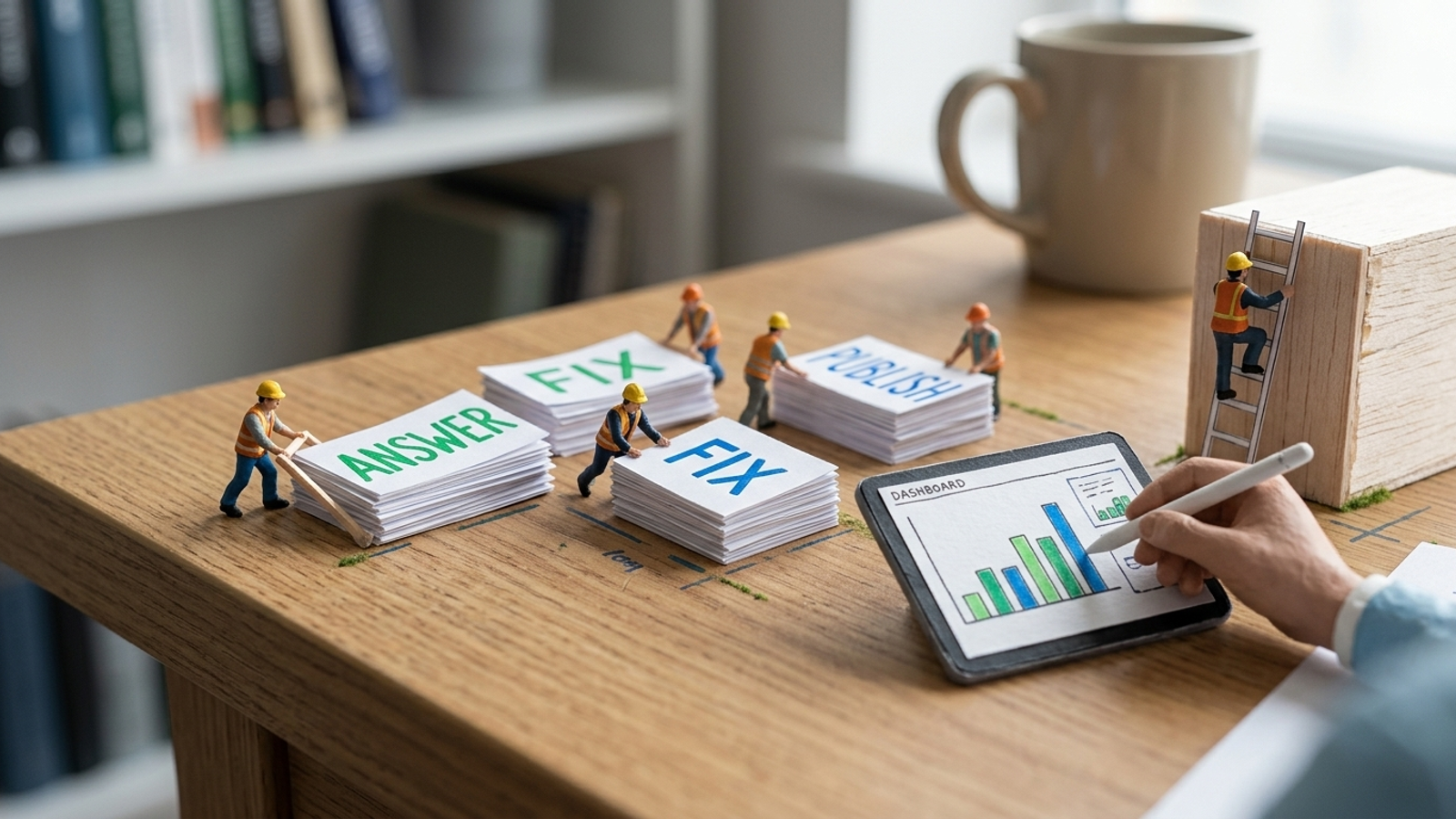 Miniature desk world with workers closing content gaps while an owner watches a dashboard