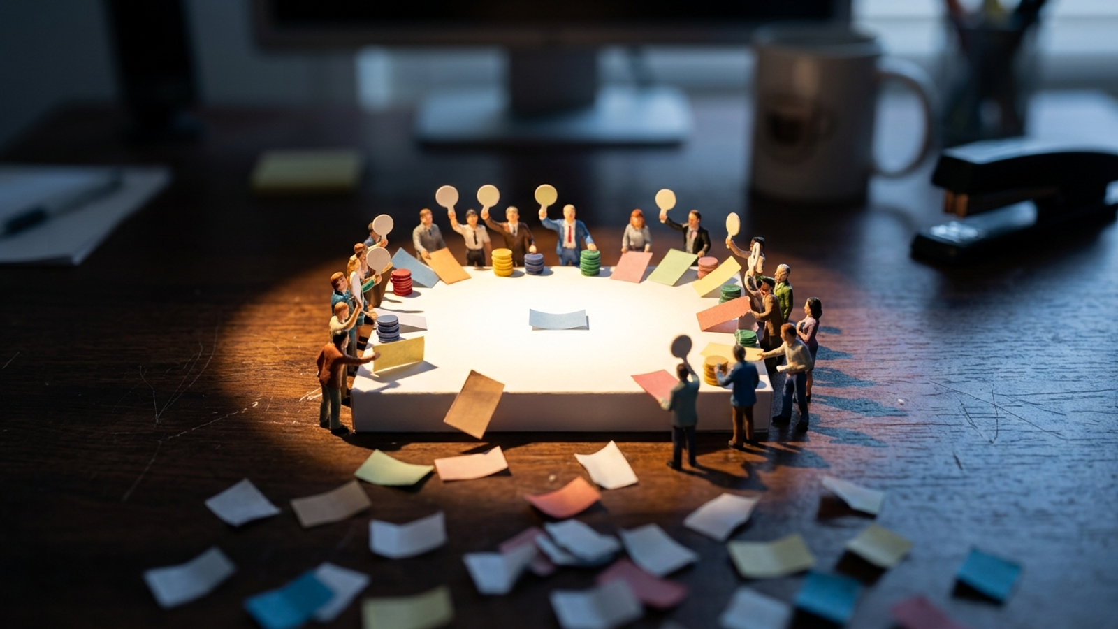 Miniature auction inside a glowing AI answer box, with bidders displacing citation cards