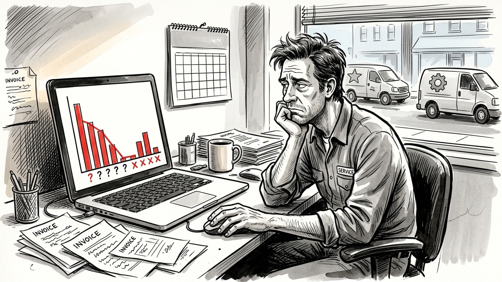 A plumber studies missed AI citations on a dashboard as competitors’ vans pass outside