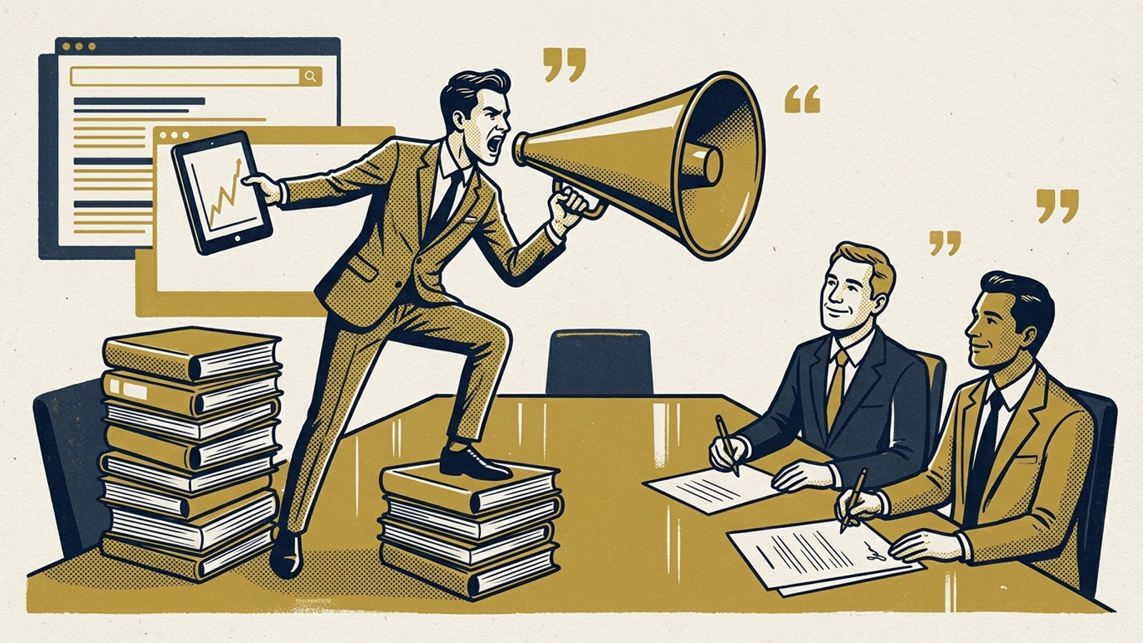 An account manager reads a dashboard aloud through a megaphone to smiling executives.