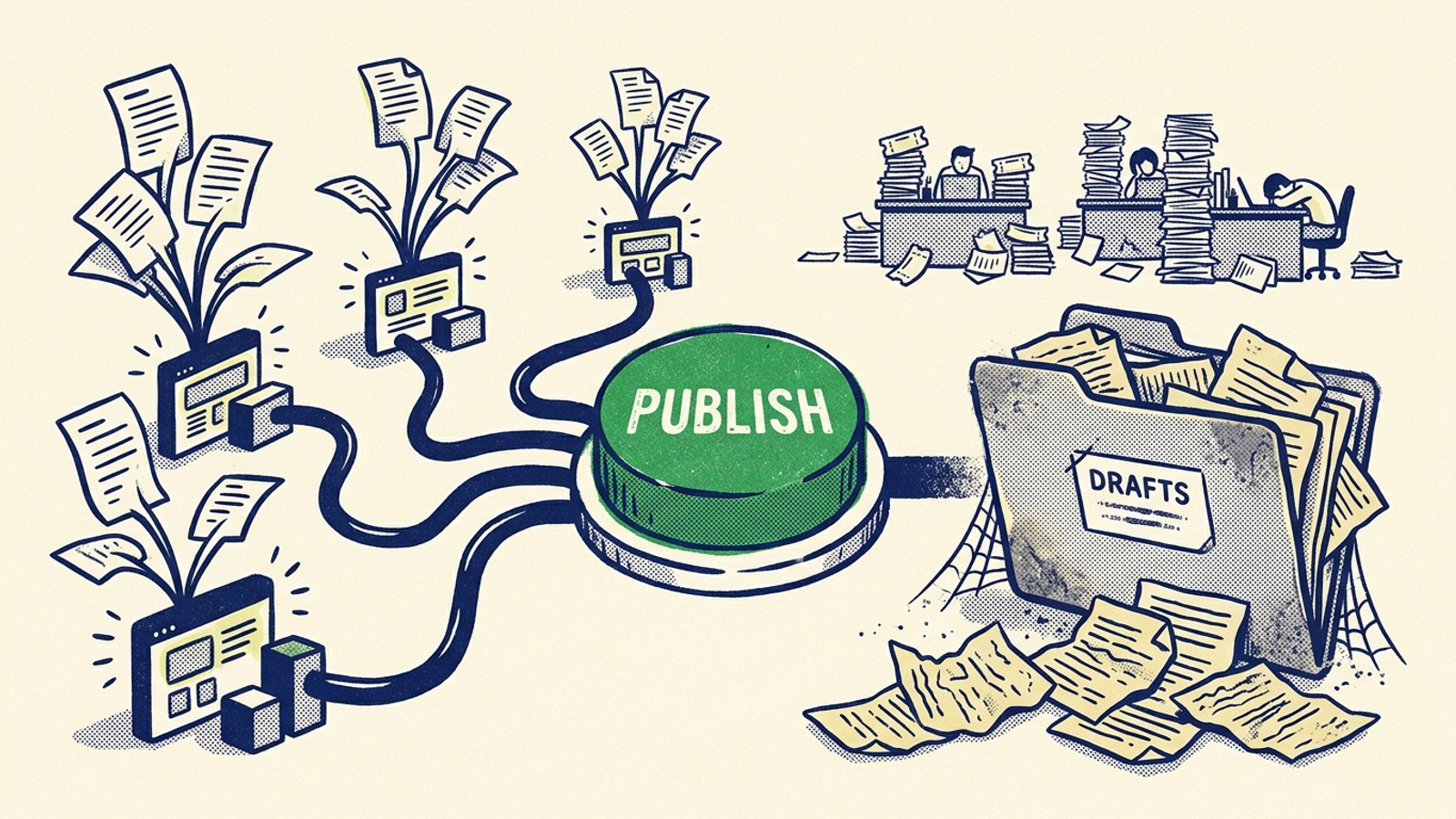 Editorial illustration contrasting a page shipped with a draft stuck in a queue