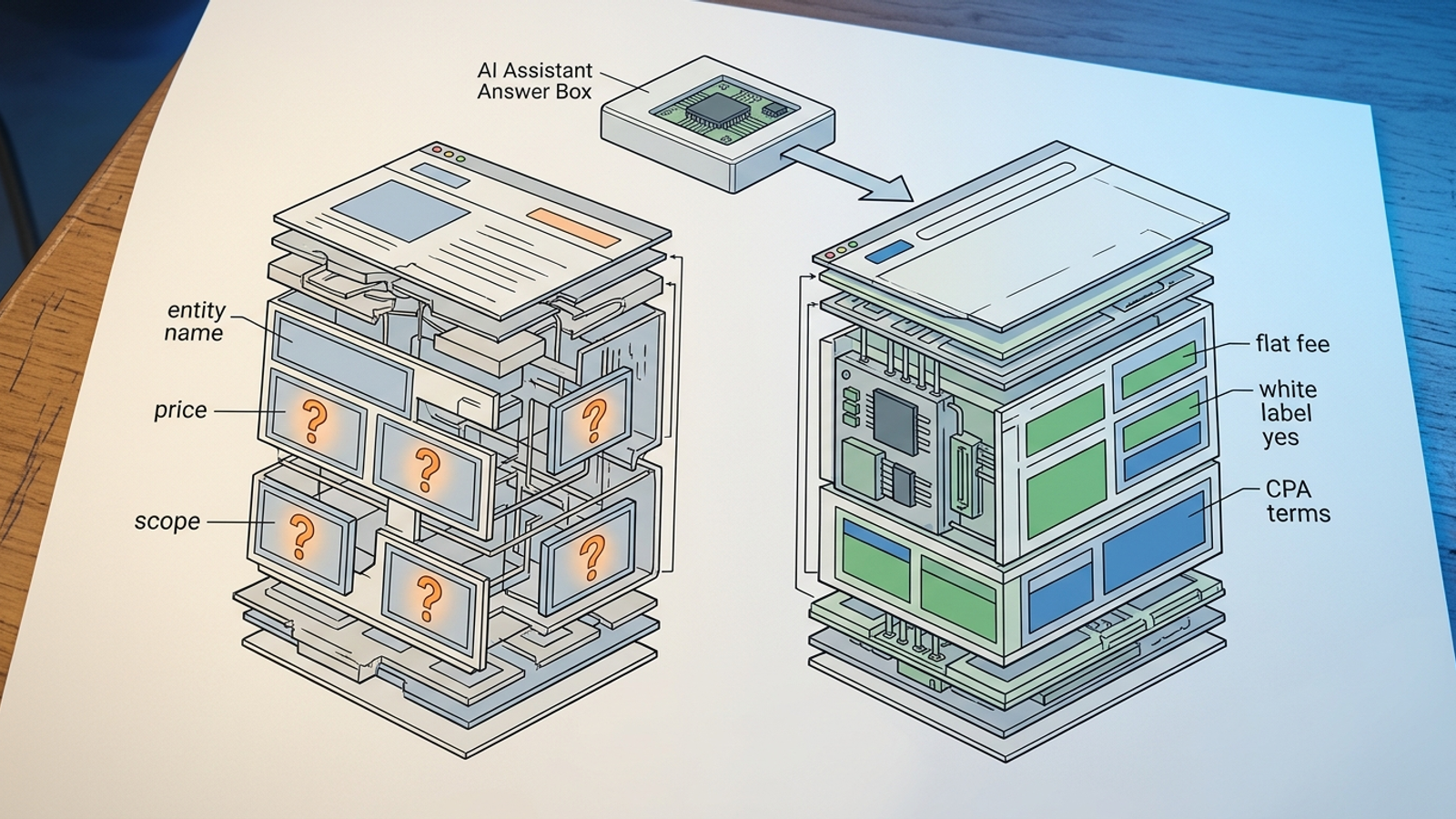 Diagram of an AI answer passing over a vague brand page for a precise fact box