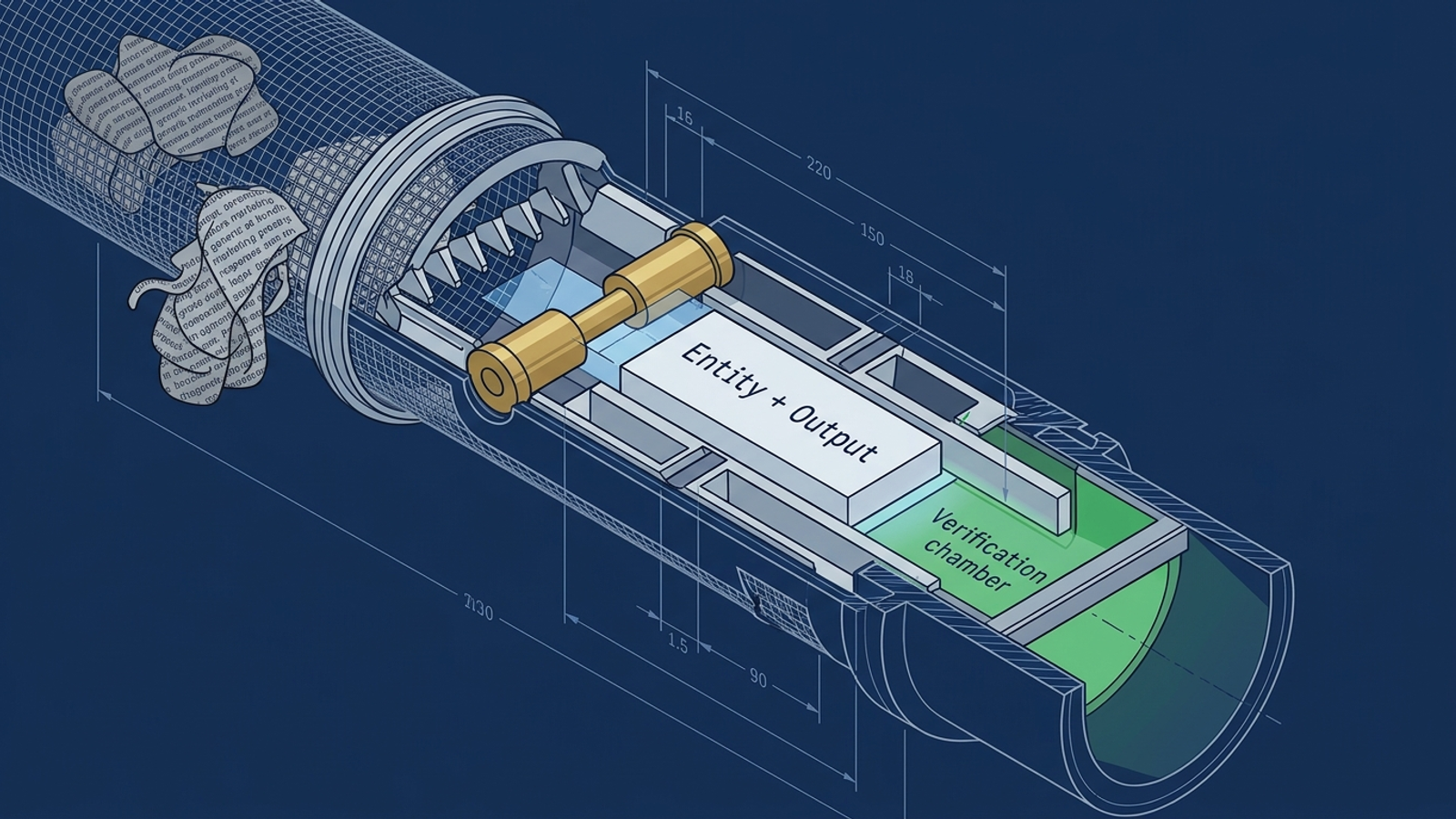 A technical cutaway diagram showing a structured information block passing through a retrieval filter while ambiguous prose gets trapped.