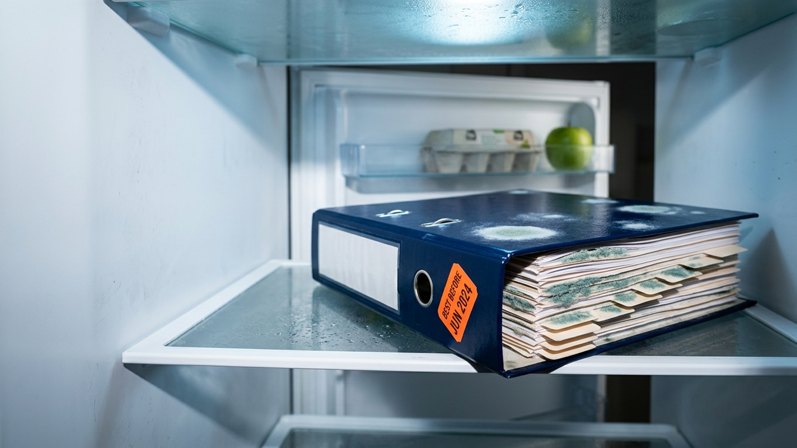 A mouldy agency playbook binder sits in a fridge with a "BEST BEFORE JUN 2024" sticker, suggesting old AI search tactics have expired.
