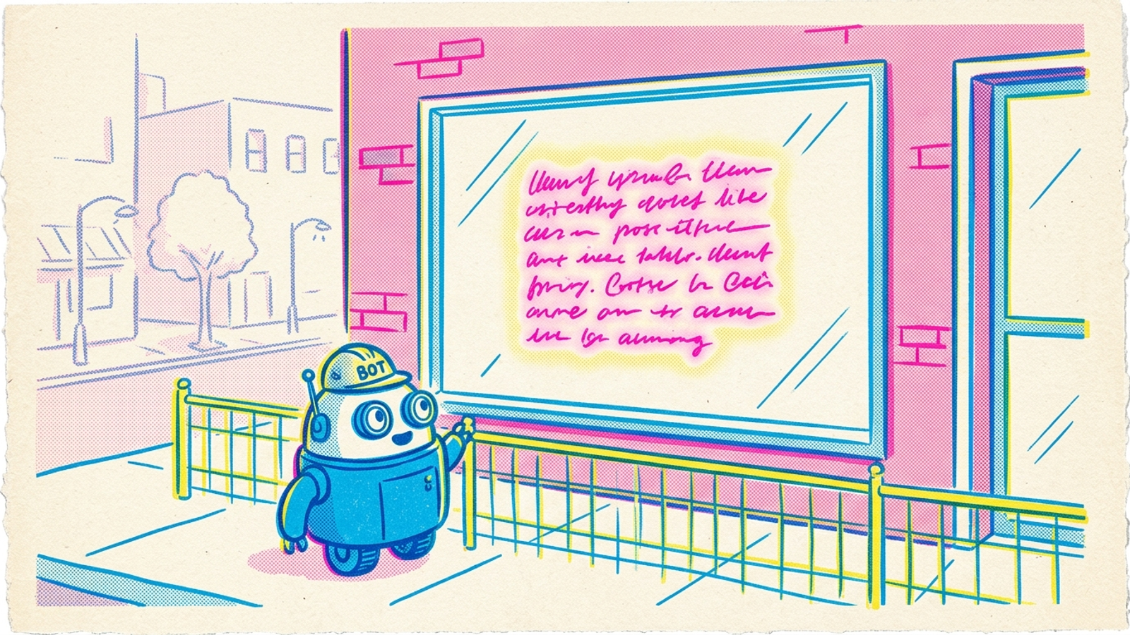 Illustration of a bot blocked by a fence beside a visible passage of text