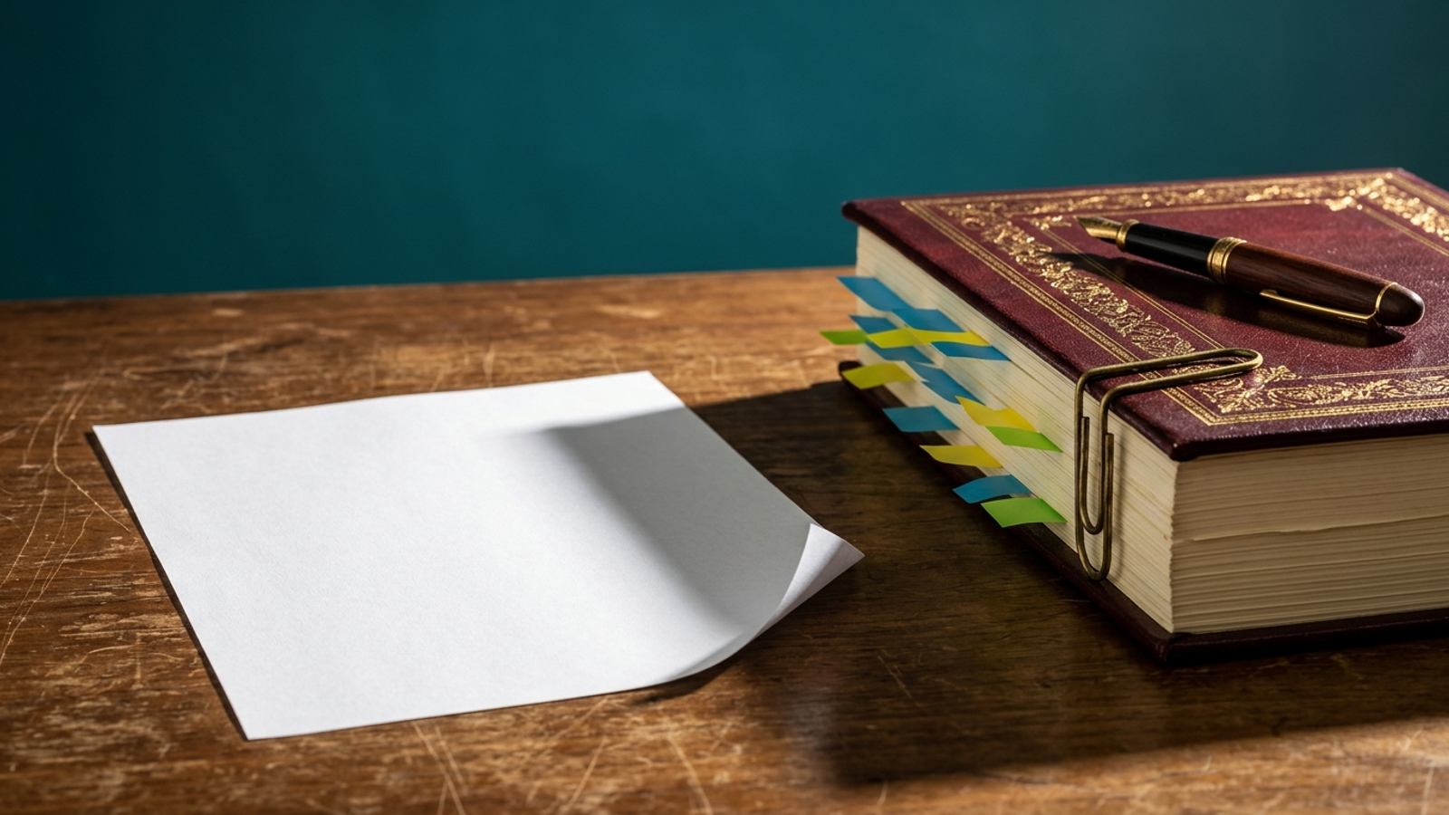 A lavish gold-embossed leather report casts its shadow over a blank, untouched page: a costly account of the problem, with none of the work done.